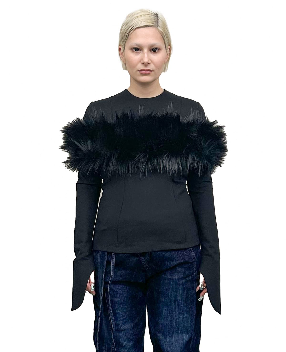 Black Longsleeve Top with Fur Stola