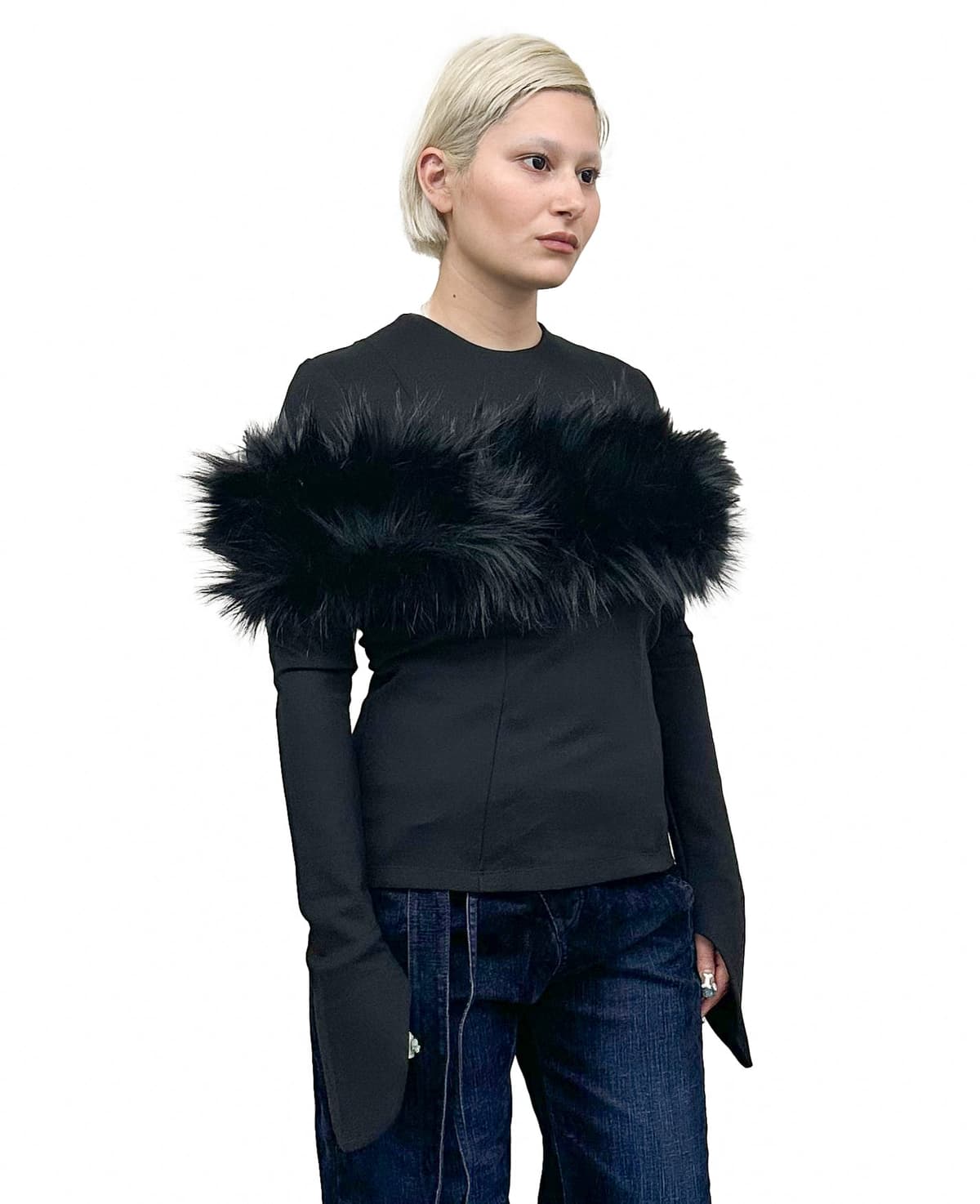 Black Longsleeve Top with Fur Stola - JAMILAVORNE-2